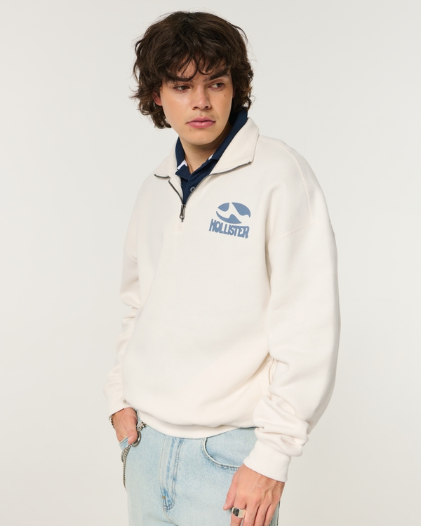 Boxy Quarter-Zip Logo Graphic Sweatshirt, Cream view 1