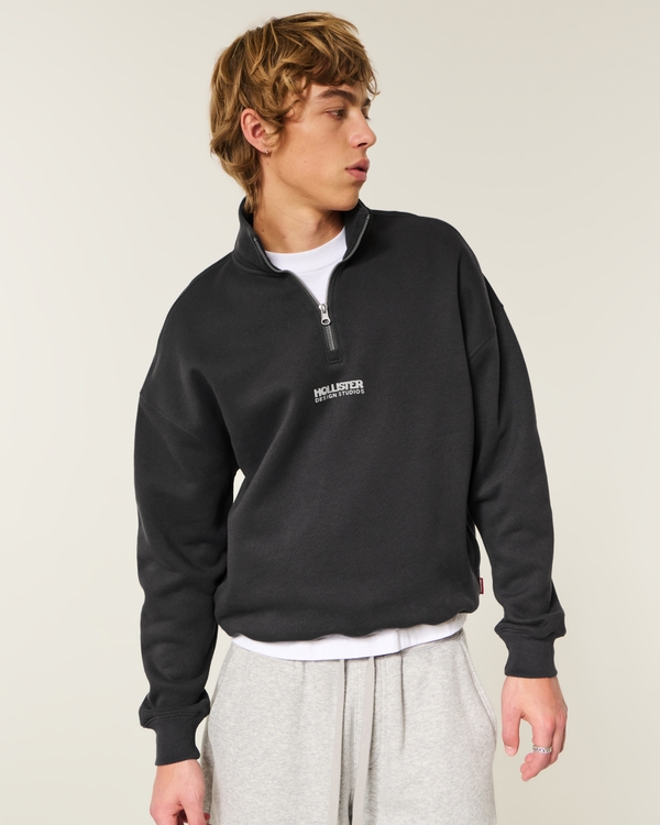 Boxy Quarter-Zip Logo Graphic Sweatshirt, Black view 1