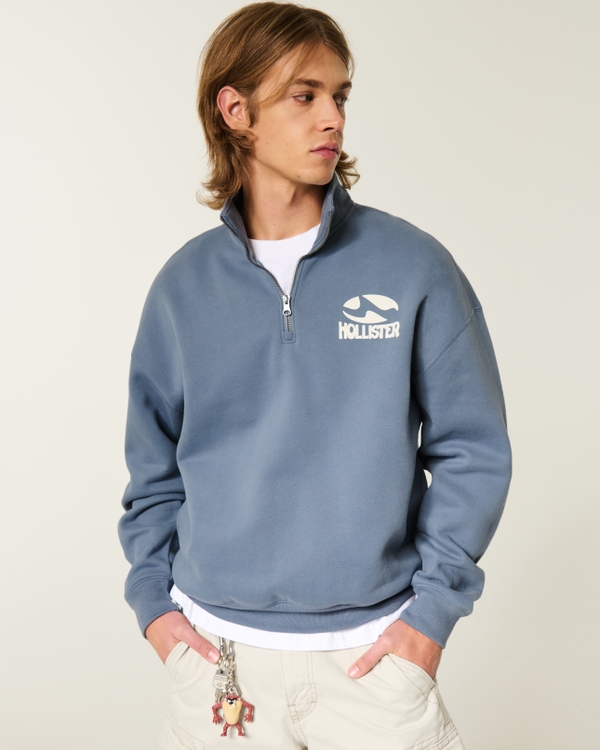 Boxy Quarter-Zip Logo Graphic Sweatshirt, Dark Blue view 1