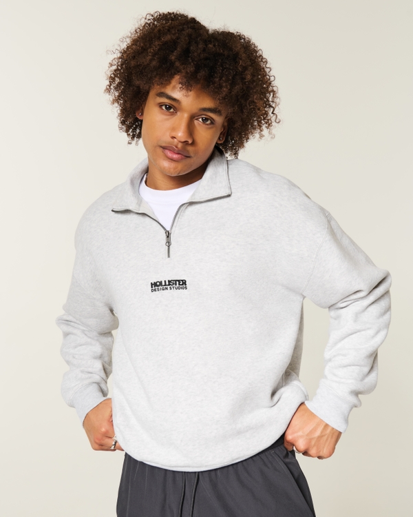 Boxy Quarter-Zip Logo Graphic Sweatshirt, Light Heather Gray view 1