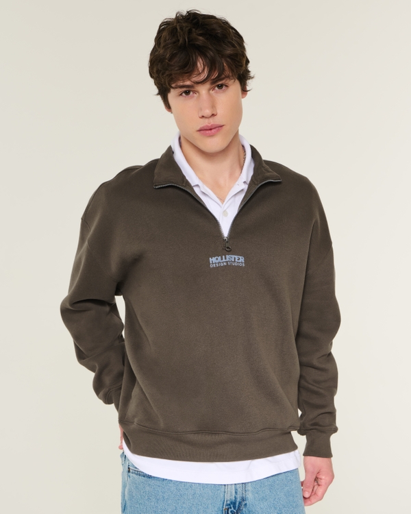 Boxy Quarter-Zip Logo Graphic Sweatshirt, Brown view 1