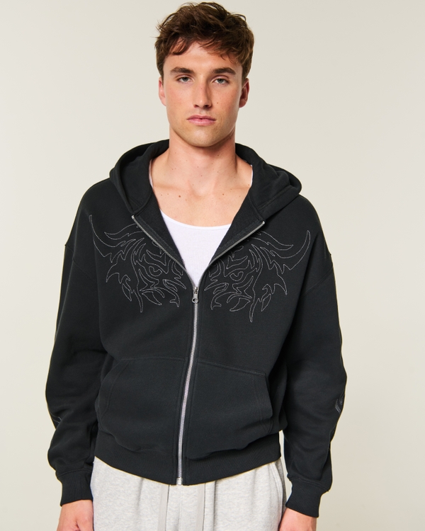 Boxy Zip-Up Embroidered Graphic Hoodie, Black view 1