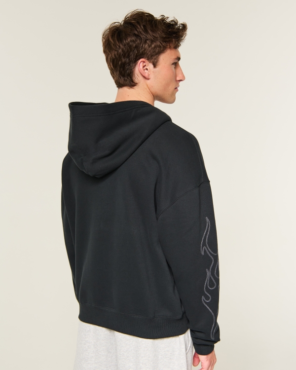 Boxy Zip-Up Embroidered Graphic Hoodie, Black view 2