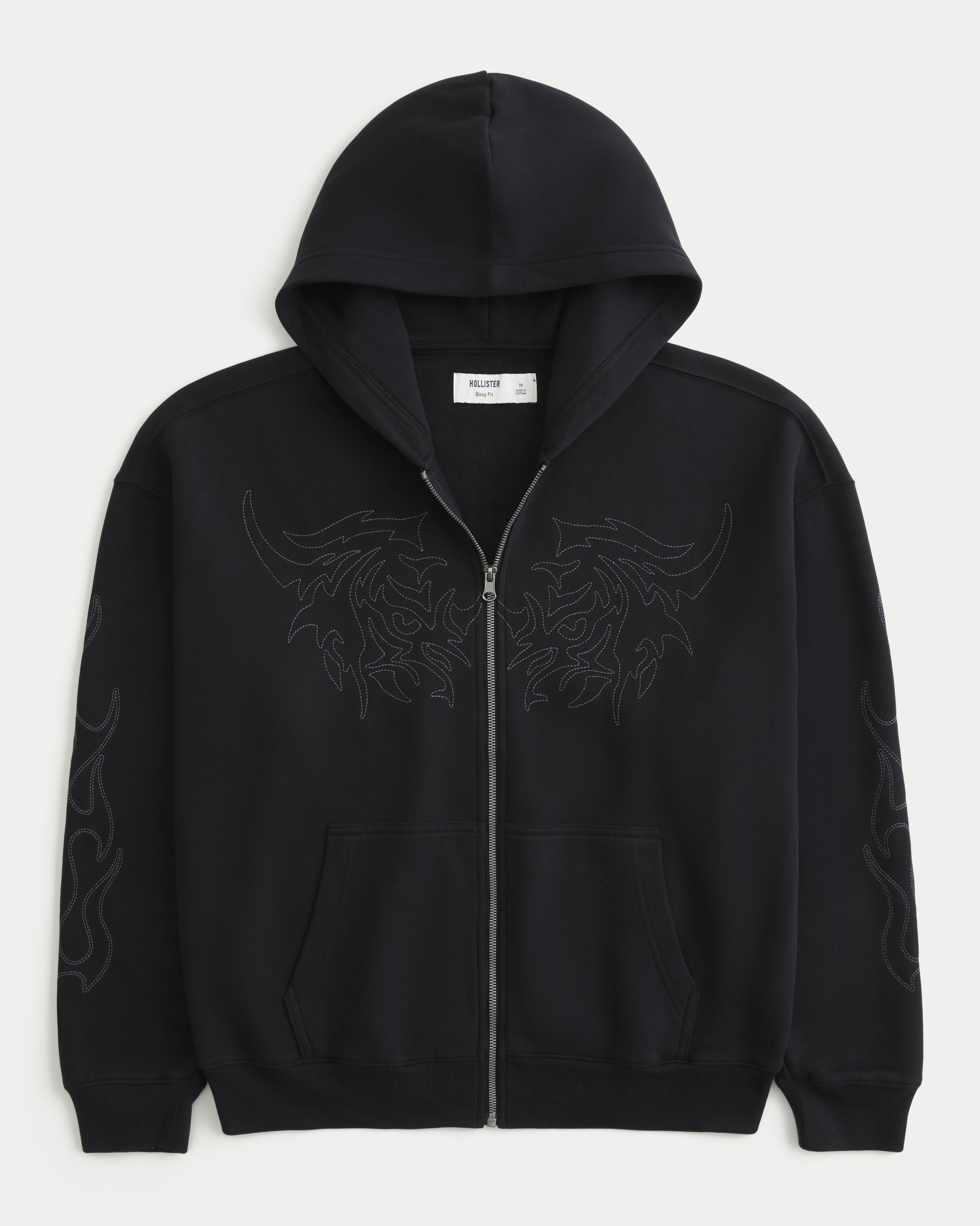 Boxy Zip-Up Embroidered Graphic Hoodie