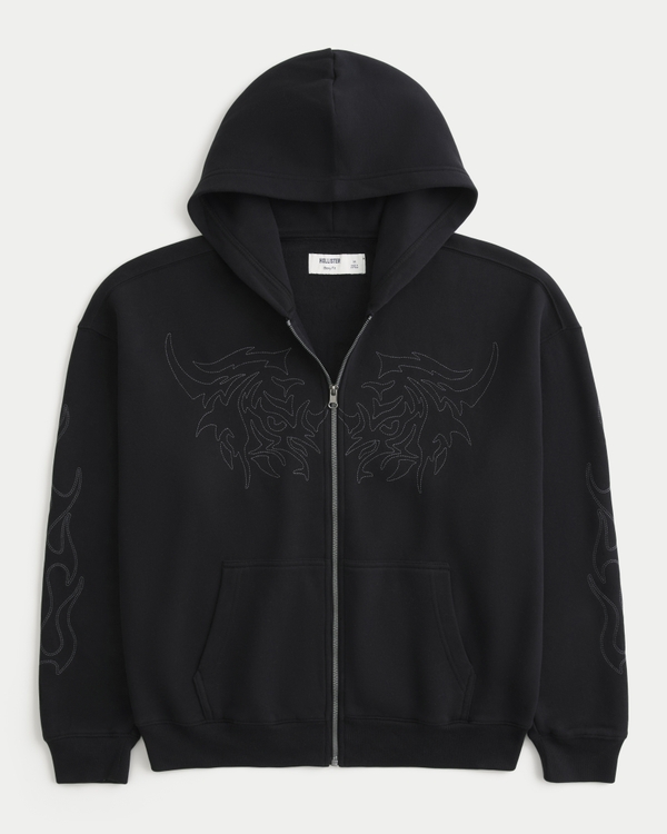 Boxy Zip-Up Embroidered Graphic Hoodie, Black view 1