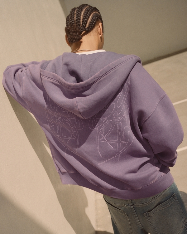 Boxy Zip-Up Embroidered Graphic Hoodie, Purple view 1