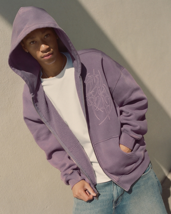 Boxy Zip-Up Embroidered Graphic Hoodie, Purple view 2