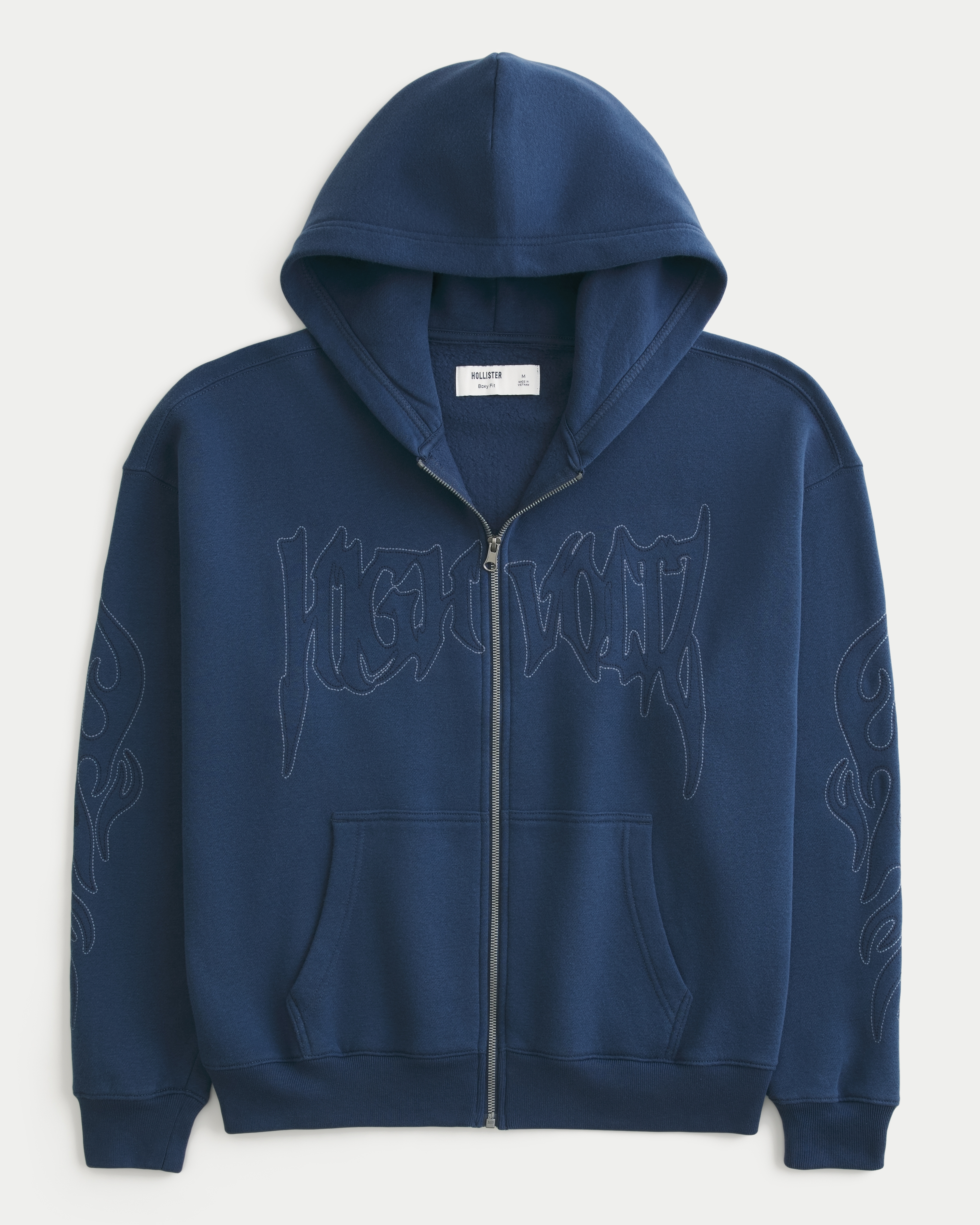 Boxy Zip-Up Embroidered Graphic Hoodie
