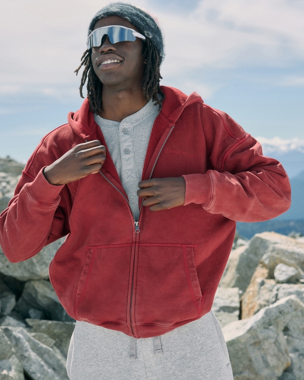 Boxy Washed Zip-Up Logo Graphic Hoodie, Deep Red view 2