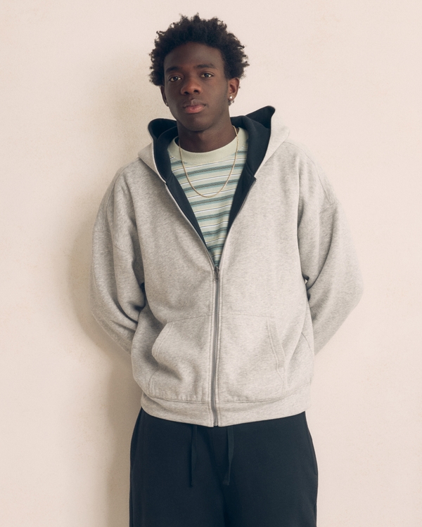 Boxy Reversible Zip-Up Hoodie, Heather Gray - Black view 1