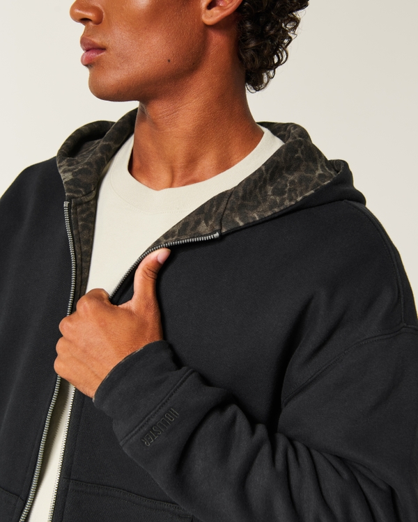 Boxy Reversible Zip-Up Hoodie, Dark Brown Print - Black view 2
