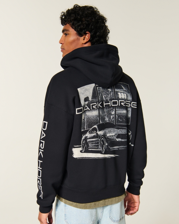 Boxy Zip-Up Ford Mustang Dark Horse Graphic Hoodie, Black view 1