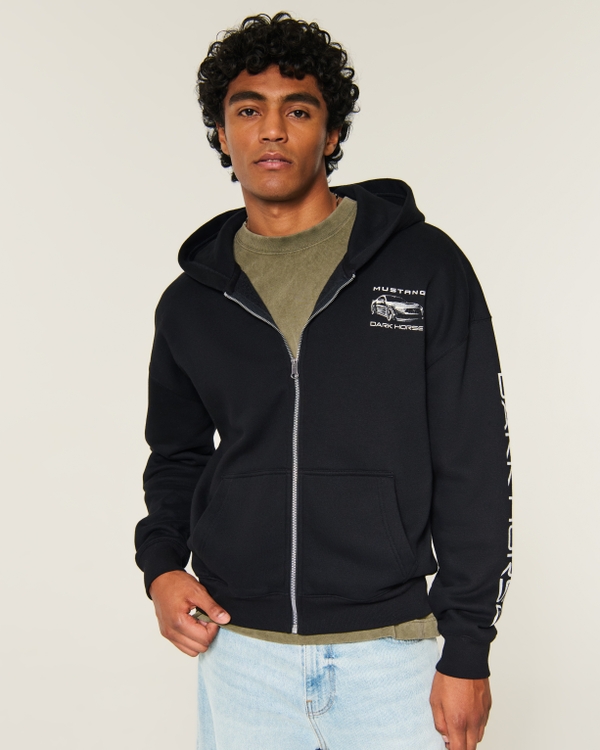 Boxy Zip-Up Ford Mustang Dark Horse Graphic Hoodie, Black view 2