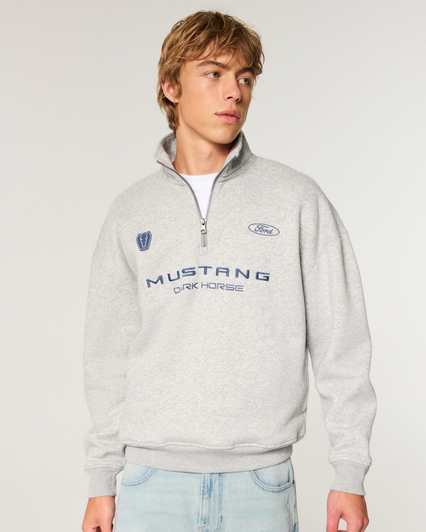Boxy Quarter-Zip Ford Mustang Dark Horse Graphic Sweatshirt, Heather Gray view 1