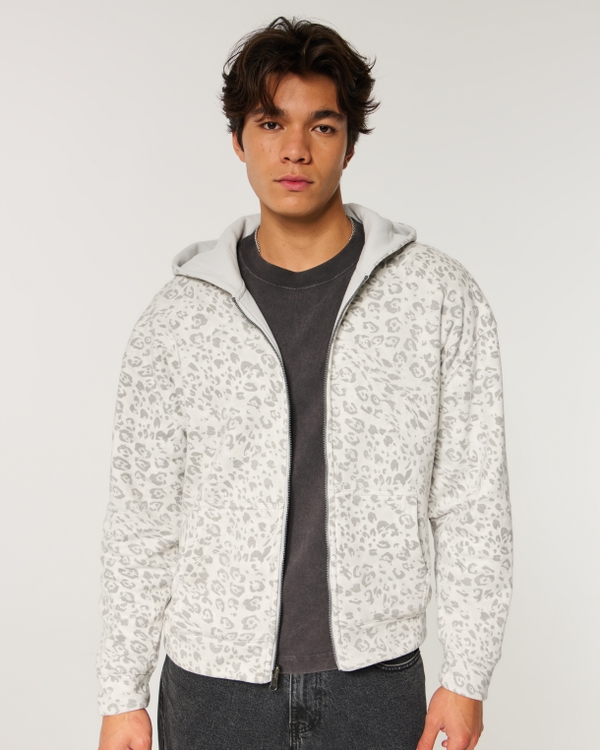 Boxy Reversible Zip-Up Hoodie, Light Gray - Light Gray Print view 1