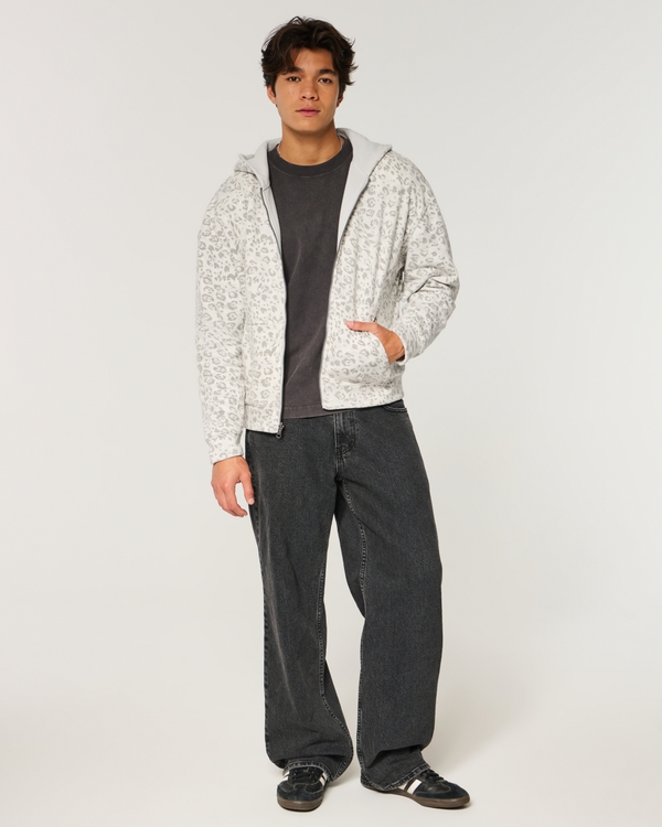 Boxy Reversible Zip-Up Hoodie, Light Gray - Light Gray Print view 2