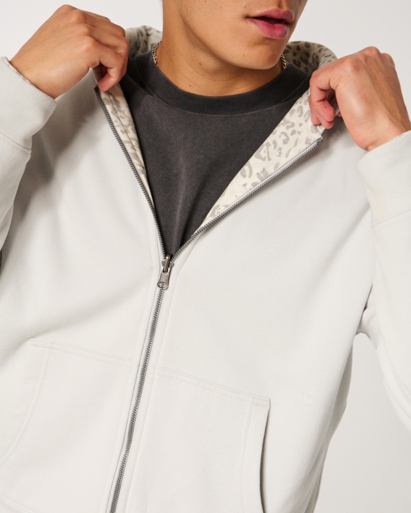 Boxy Reversible Zip-Up Hoodie, Light Gray W/ Front Logo - Light Gray Print view 2