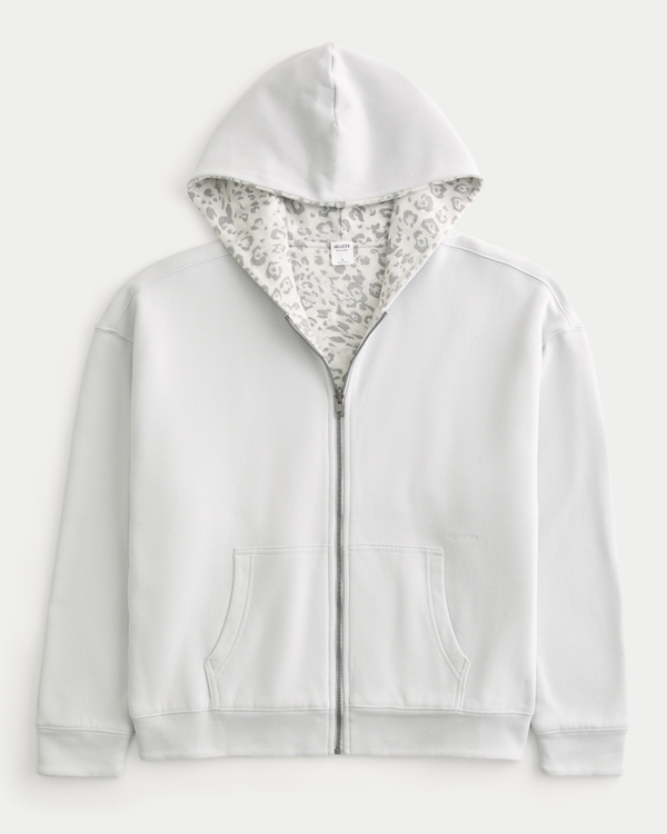 Boxy Reversible Zip-Up Hoodie, Light Gray - Light Gray Print view 1