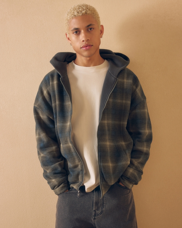 Boxy Reversible Zip-Up Hoodie, Charcoal - Navy Plaid view 1