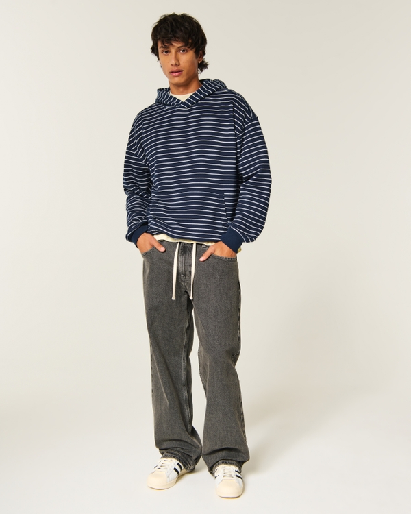 Boxy Striped Hoodie, Navy Stripe view 2