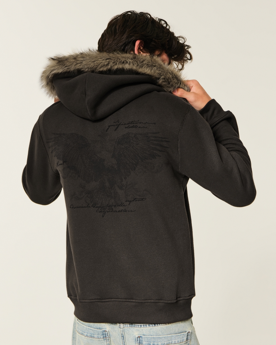 Hollister Feel Good Faux Fur Trim Zip-Up Graphic Hoodie