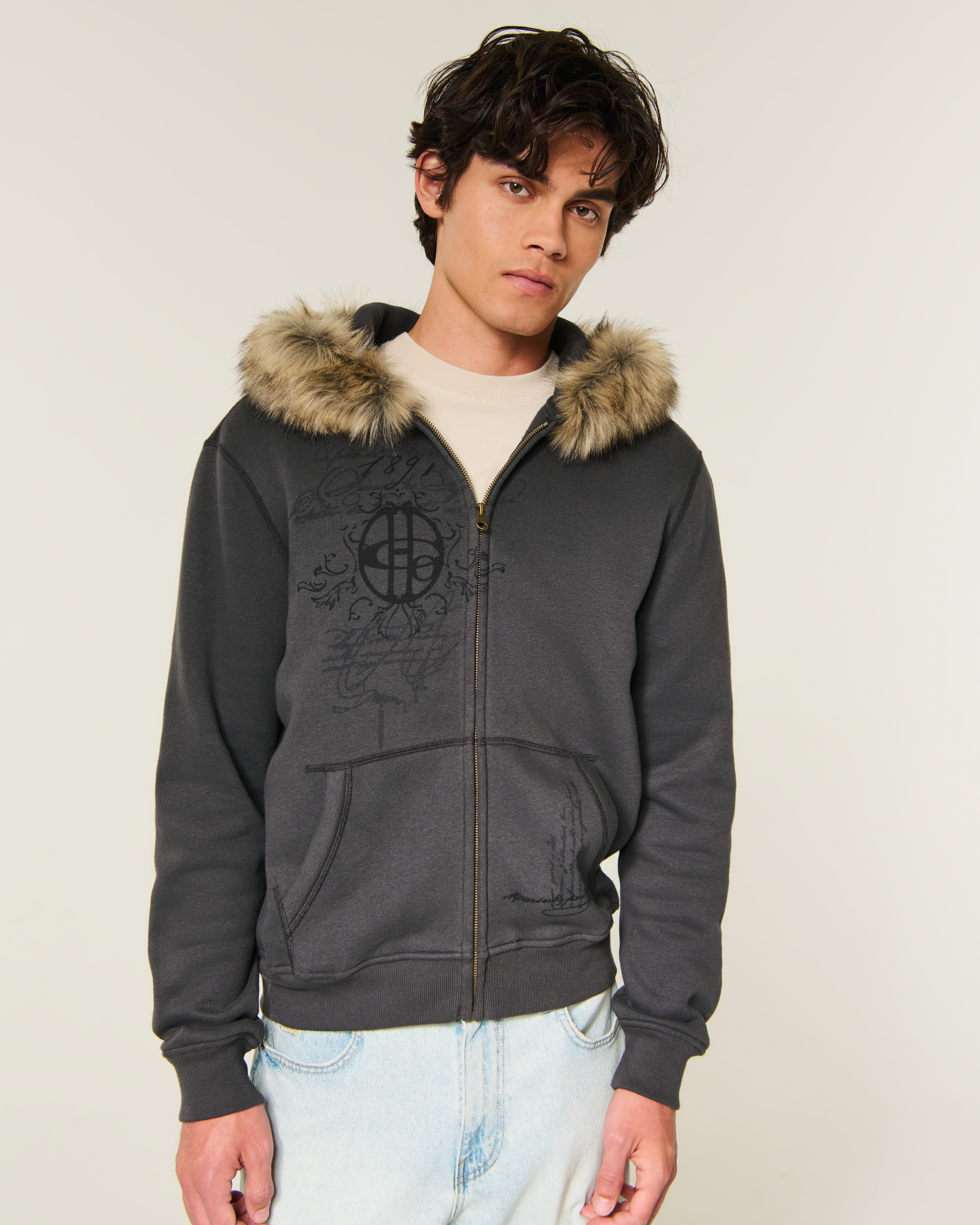 Hollister Feel Good Faux Fur Trim Zip-Up Graphic Hoodie