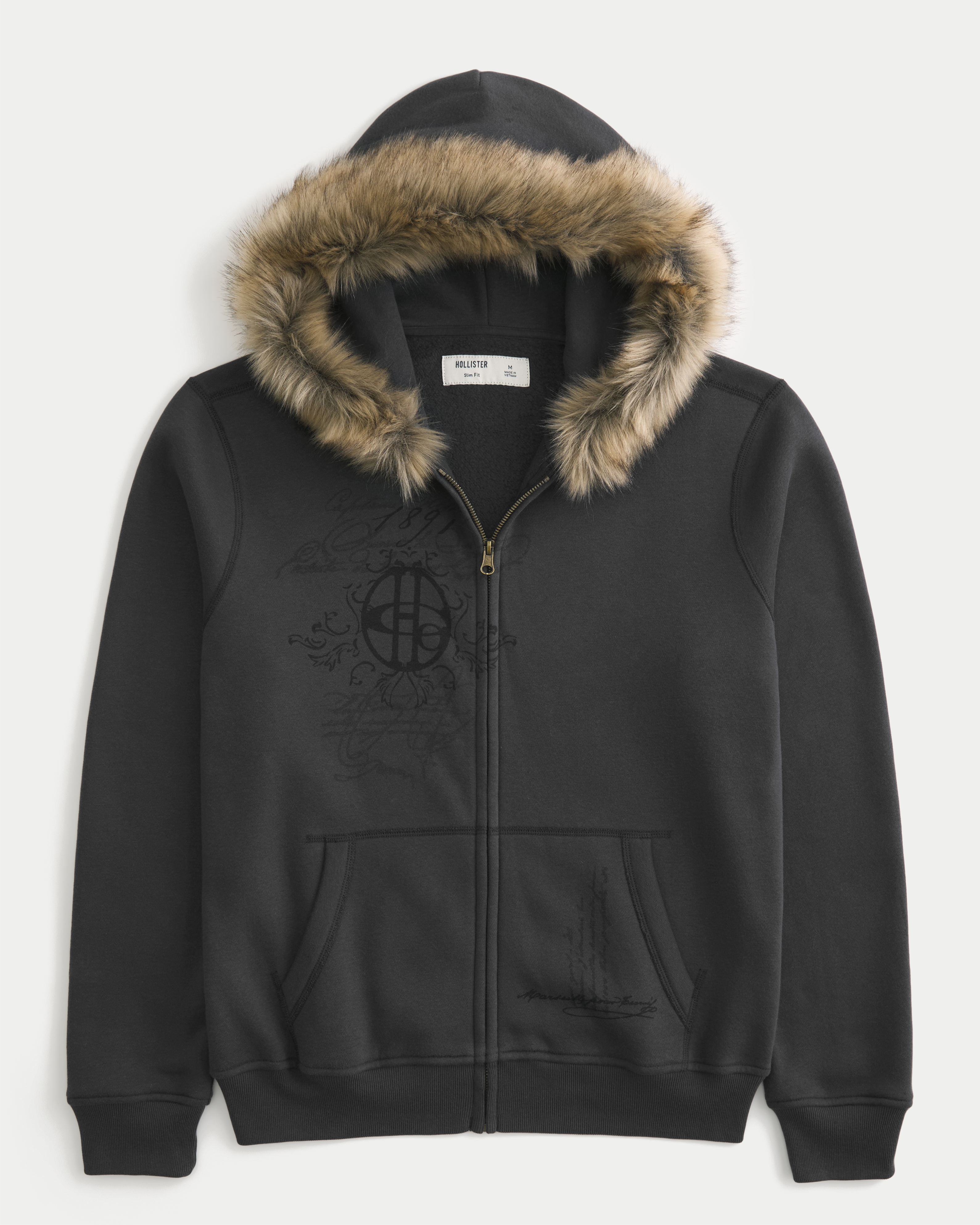 Hollister Feel Good Faux Fur Trim Zip-Up Graphic Hoodie
