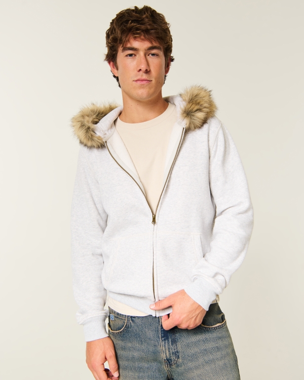 Hollister Feel Good Faux Fur Trim Zip-Up Hoodie, Light Heather Gray view 1