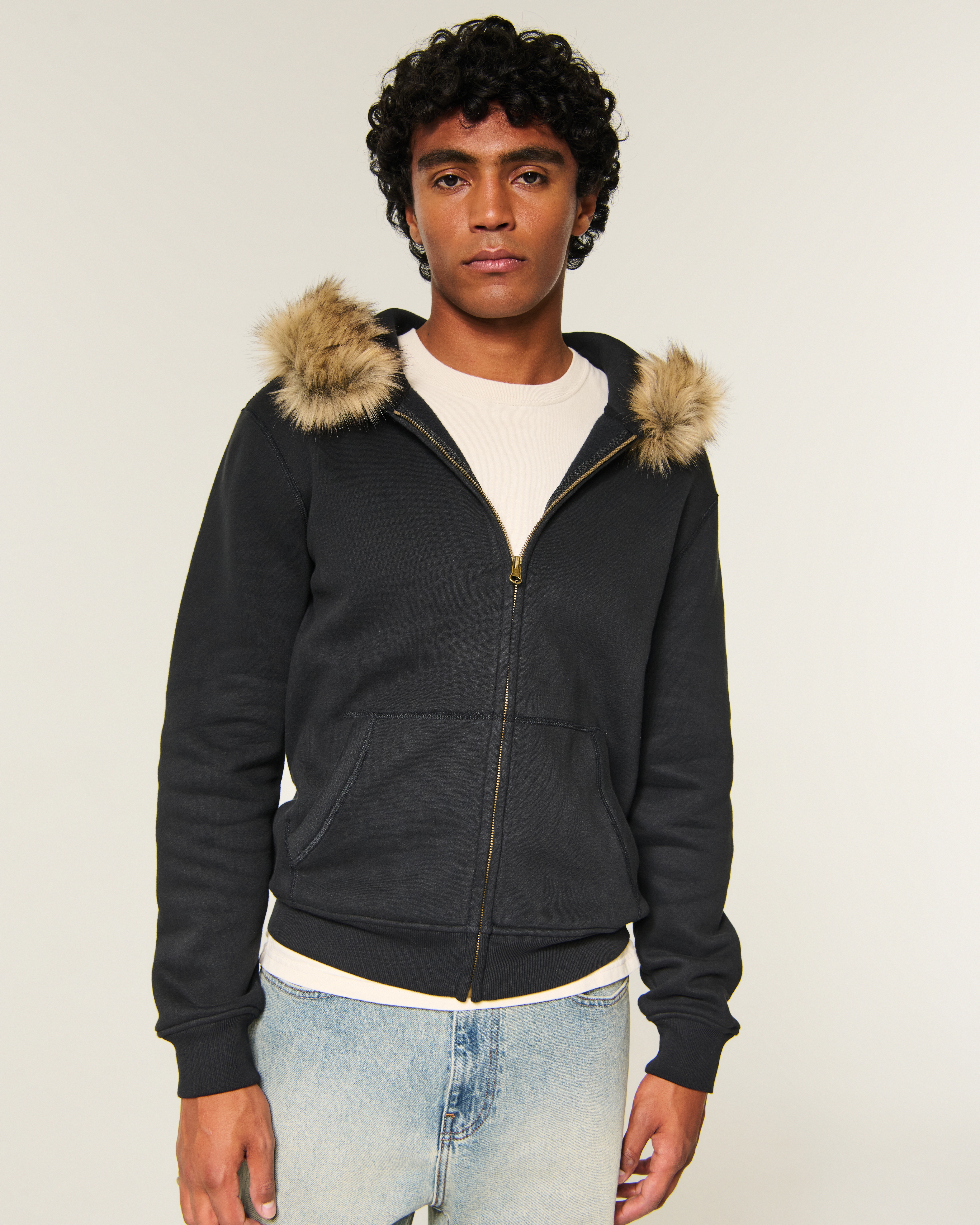 Hollister Feel Good Faux Fur Trim Zip-Up Hoodie