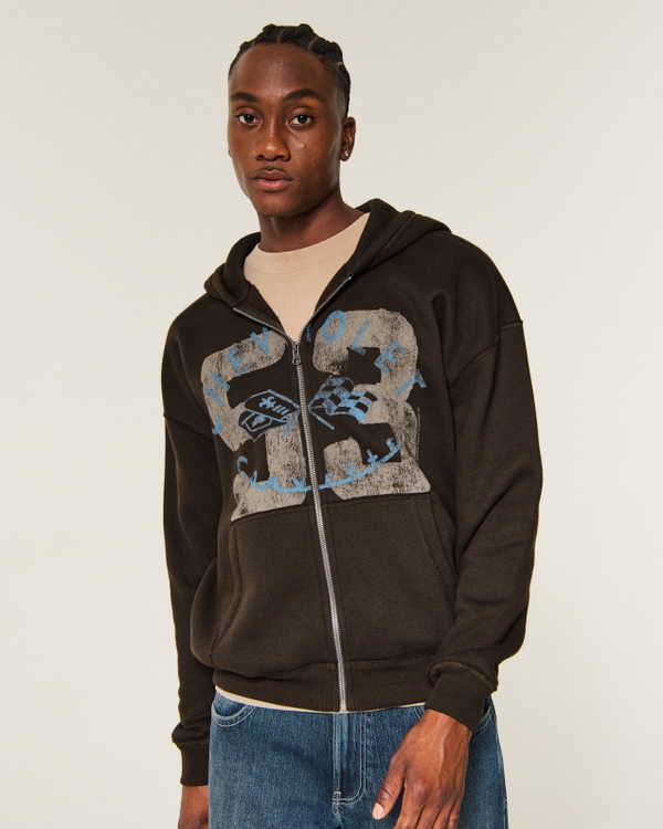 Boxy Zip-Up Chevrolet Corvette Graphic Hoodie, Dark Brown view 1