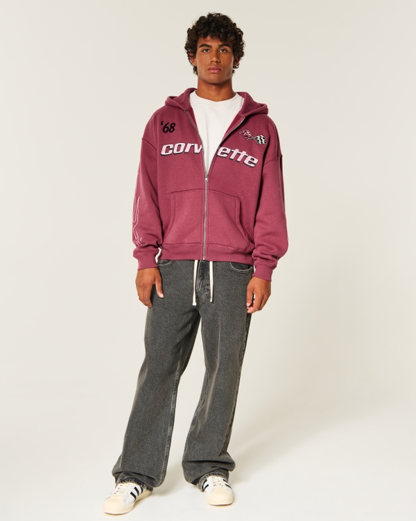 Boxy Zip-Up Corvette Graphic Hoodie, Burgundy view 2