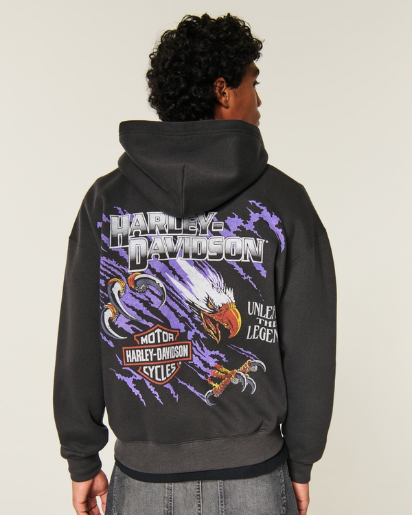 Boxy Zip-Up Harley-Davidson Motorcycles Graphic Hoodie, Charcoal view 1