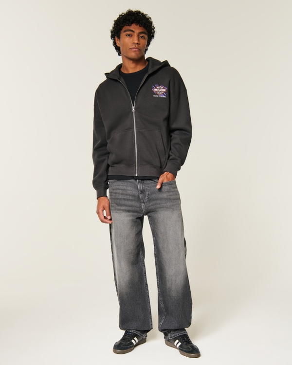 Boxy Zip-Up Harley-Davidson Motorcycles Graphic Hoodie, Charcoal view 2