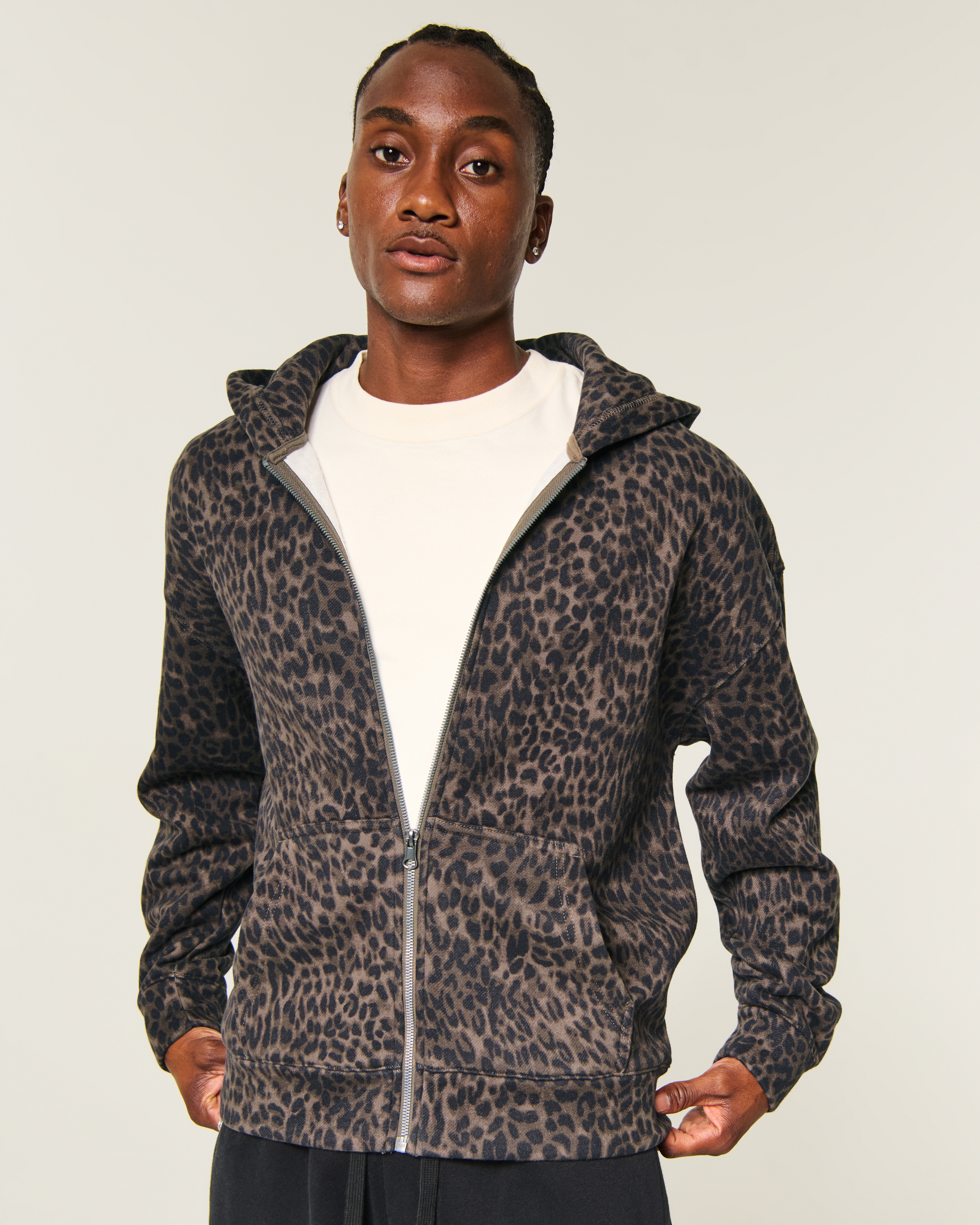 Boxy Zip-Up Leopard Print Hoodie