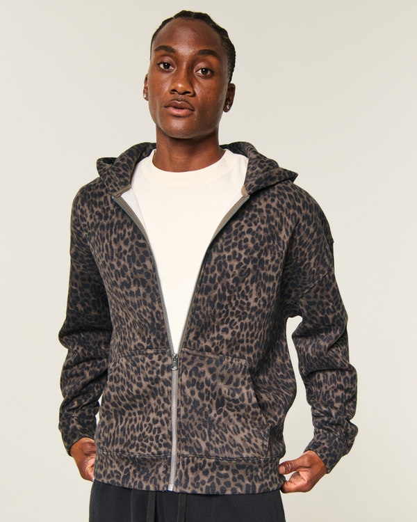 Boxy Zip-Up Leopard Print Hoodie, Brown Print view 1