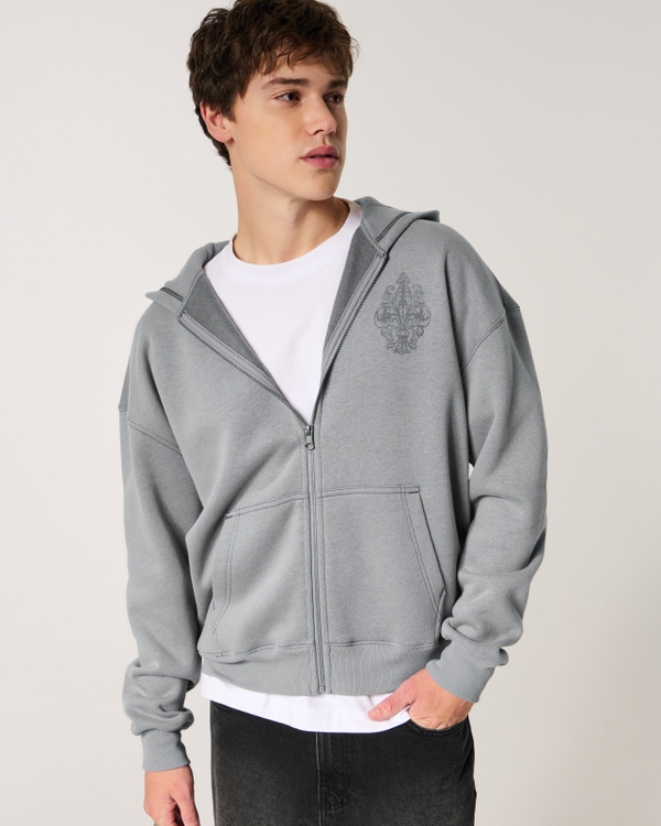 Boxy Zip-Up Graphic Hoodie