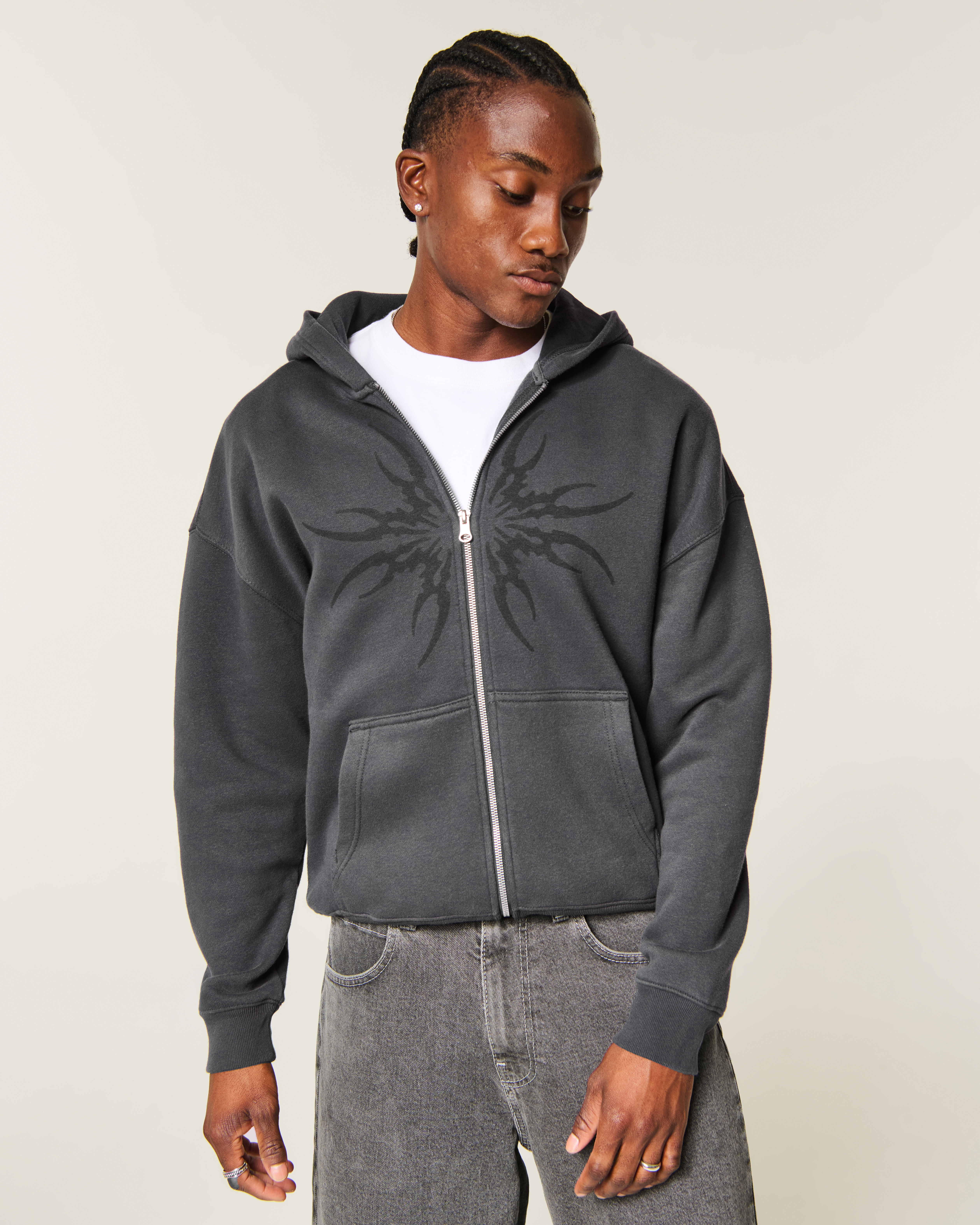 Boxy Zip-Up Graphic Hoodie