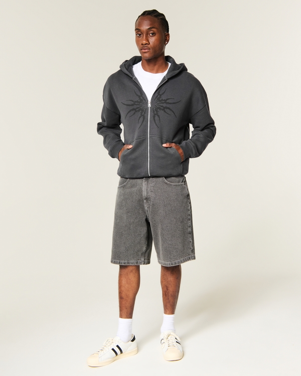 Boxy Zip-Up Graphic Hoodie, Charcoal view 2