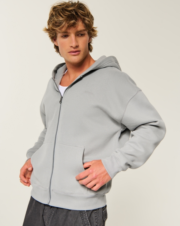 Boxy Zip-Up Logo Hoodie, Gray view 1