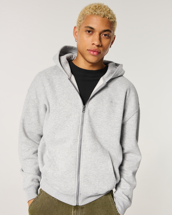 Boxy Zip-Up Logo Hoodie, Heather Gray view 1