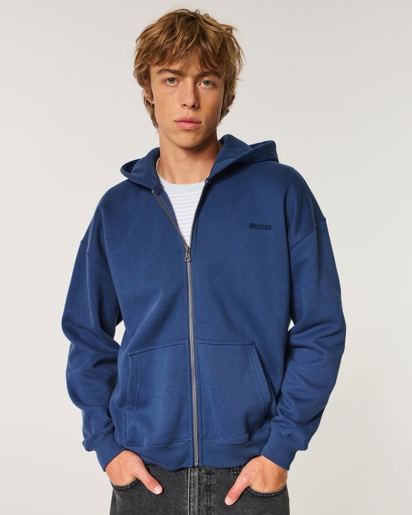 Boxy Zip-Up Logo Hoodie, Faded Navy view 1