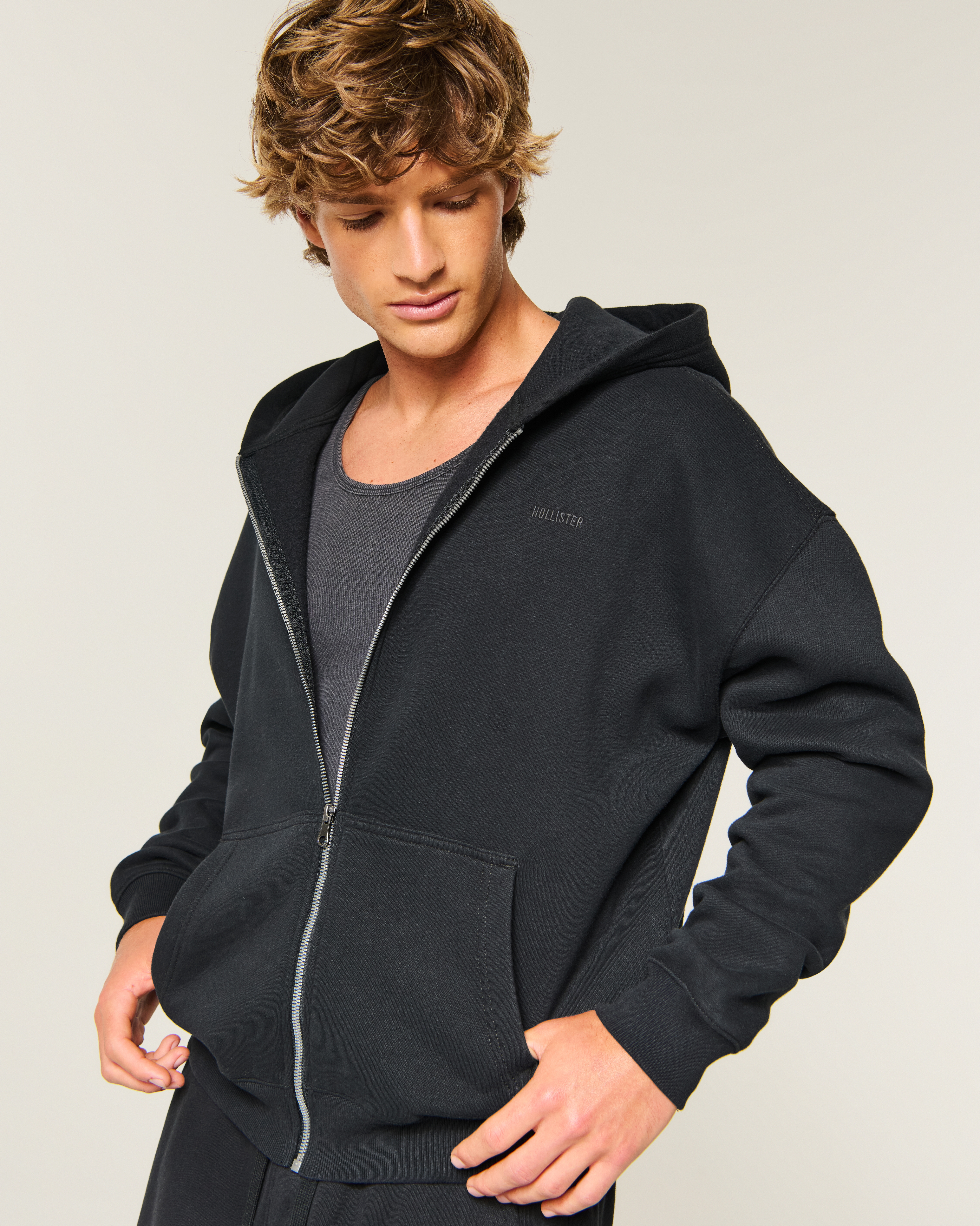 Boxy Zip-Up Logo Hoodie