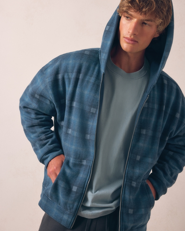 Boxy Reversible Plaid Zip-Up Hoodie, Blue Plaid view 1