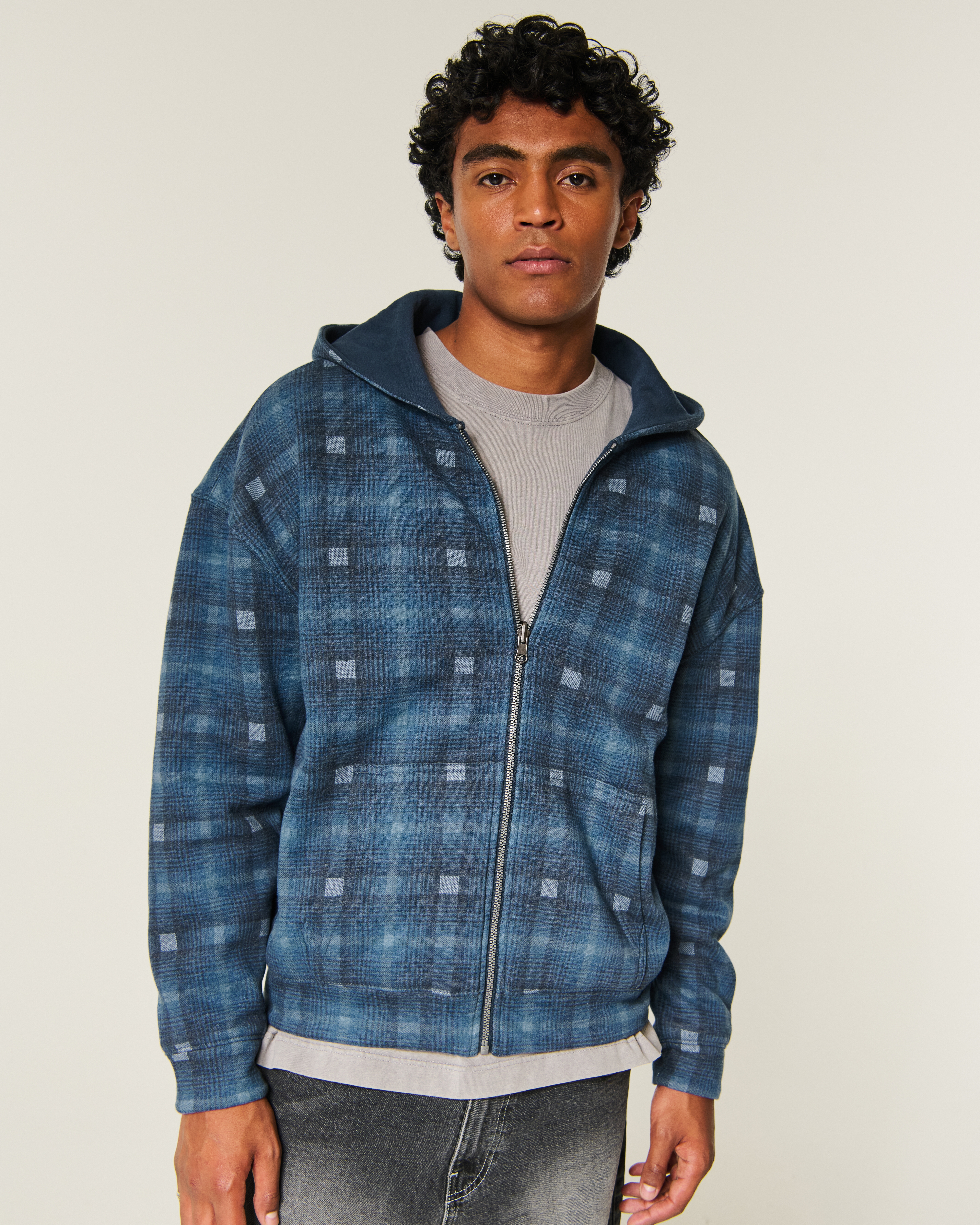 Boxy Reversible Plaid Zip-Up Hoodie