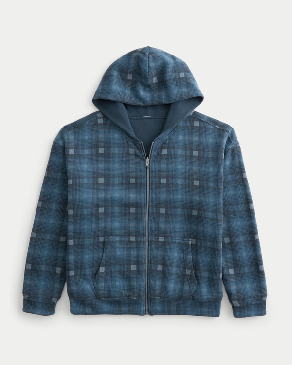 Boxy Reversible Plaid Zip-Up Hoodie, Blue Plaid view 1