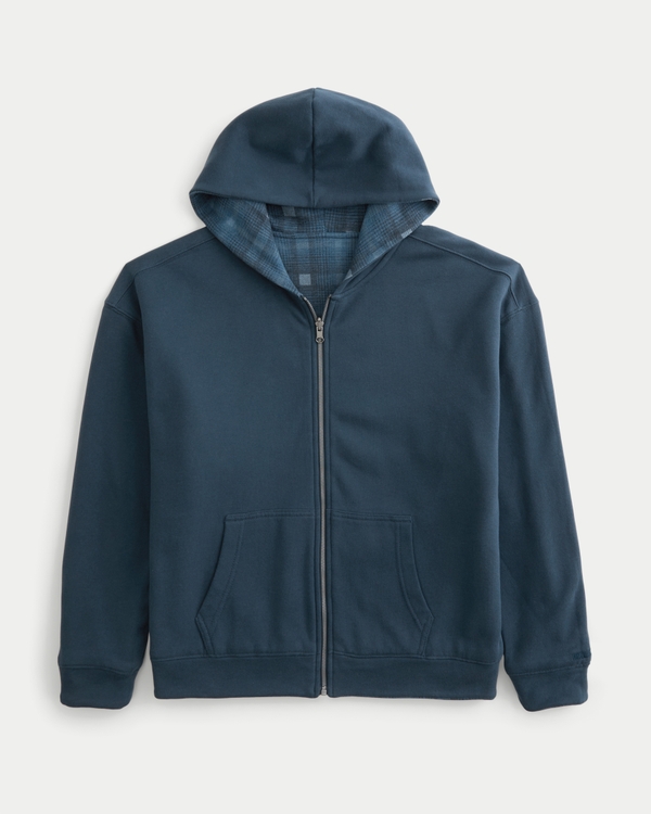 Boxy Reversible Plaid Zip-Up Hoodie, Blue Plaid view 2
