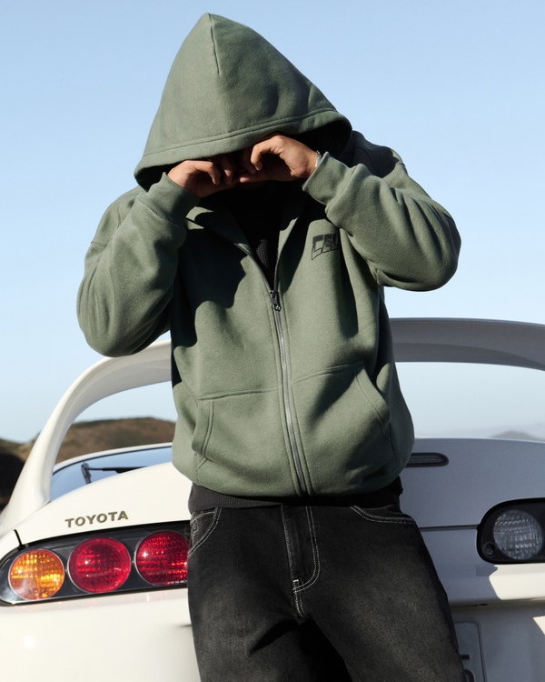 Boxy Zip-Up Toyota Celica Graphic Hoodie, Olive view 1