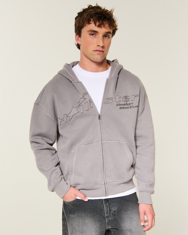 Boxy Zip-Up Logo Graphic Hoodie