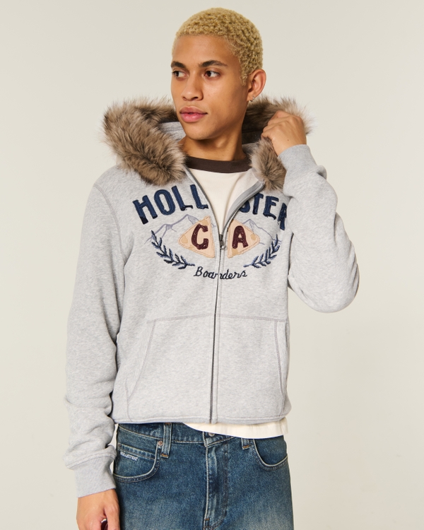 Hollister Feel Good Boxy Zip-Up Faux Fur Trim Graphic Hoodie