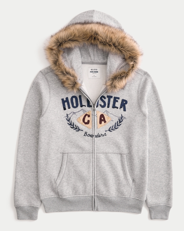 Hollister Feel Good Boxy Zip-Up Faux Fur Trim Graphic Hoodie